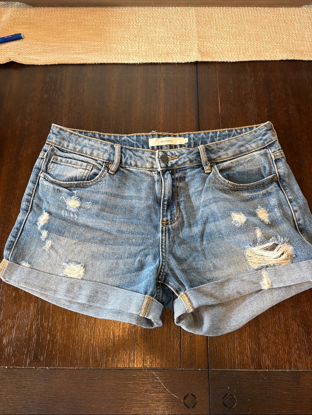 Women's Light Blue Distressed Rolled-Hem Denim Shorts